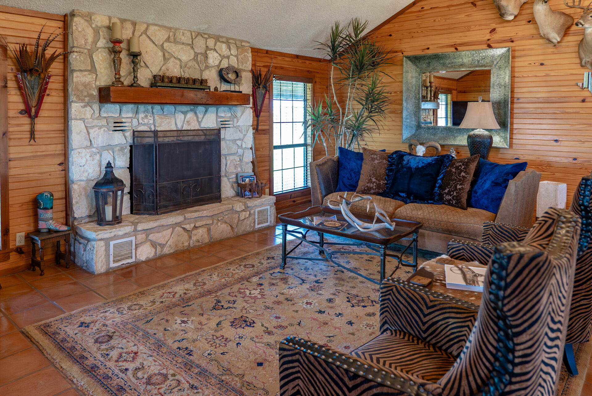 Lodge fireplace and lounge
